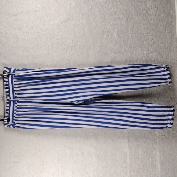 BERSHKA Blue White Striped Paper High Rise Bag Waist Skinny Leg Pull On Pant - Picture 10 of 13